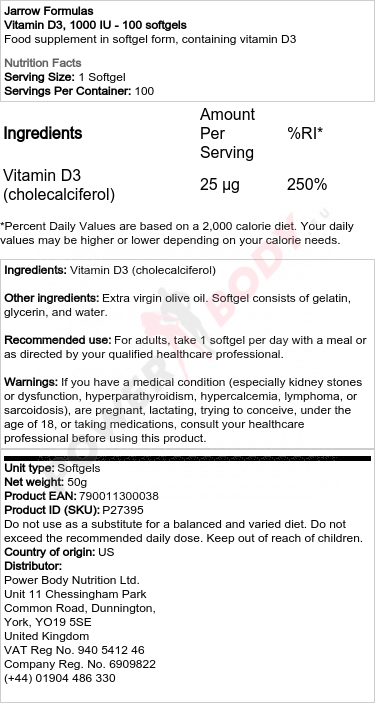 Vitamin D3, 1000 IU - 100 softgels