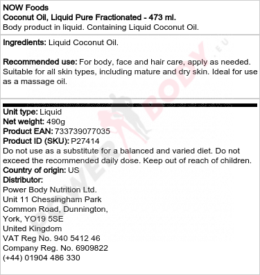 Coconut Oil, Liquid Pure Fractionated - 473 ml.