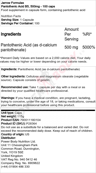 Pantothenic Acid B5, 500mg - 100 caps