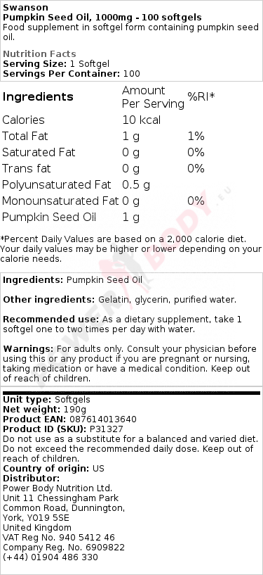 Pumpkin Seed Oil, 1000mg - 100 softgels