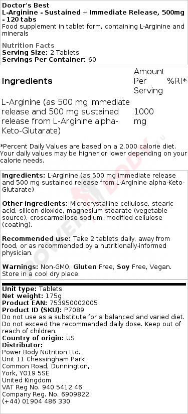 L-Arginine - Sustained + Immediate Release, 500mg - 120 tabs