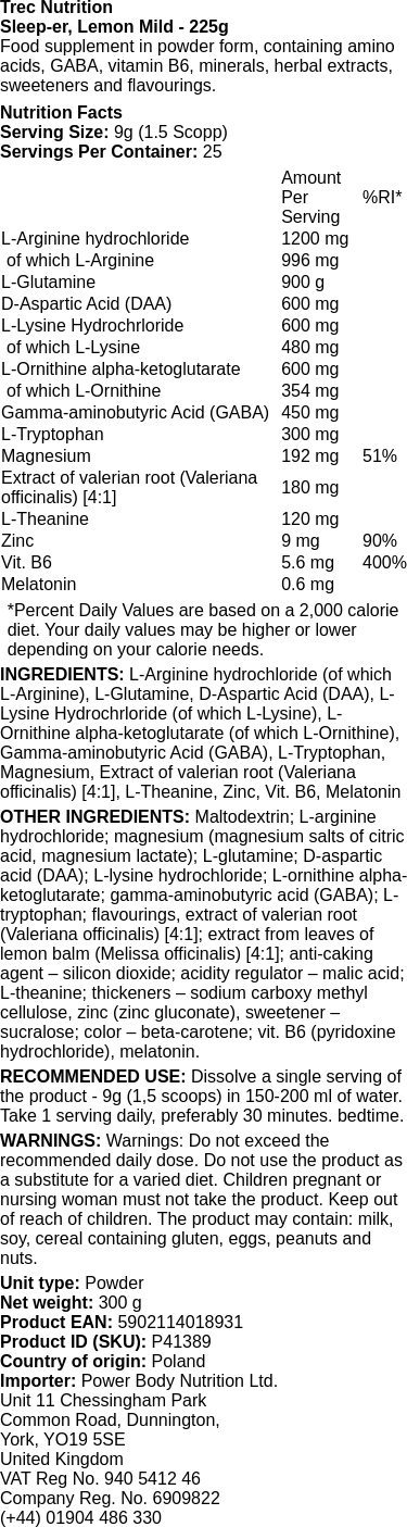 Trec Nutrition Sleep-er 250g Ingredients List