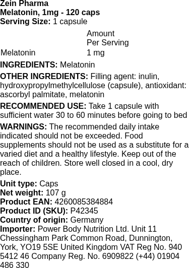 Zein Pharma Melatonin, 1mg 120 caps Ingredients List