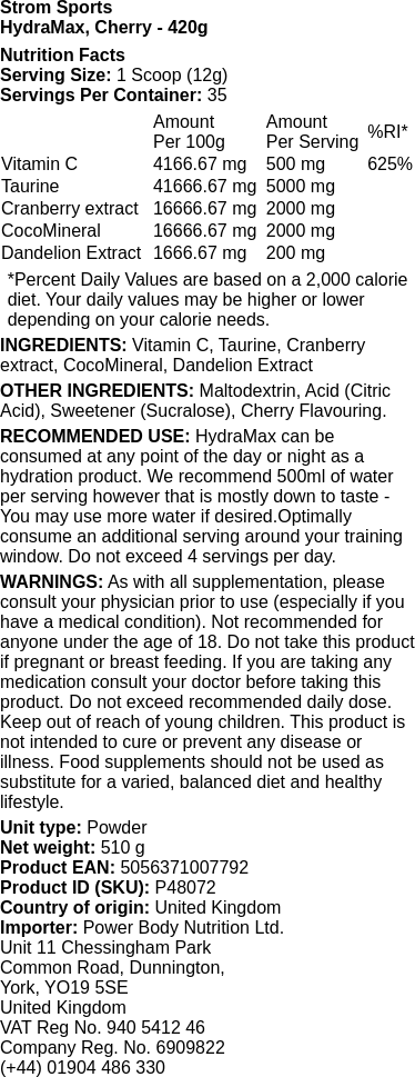 Strom Sports HydraMAX 420g Ingredients List